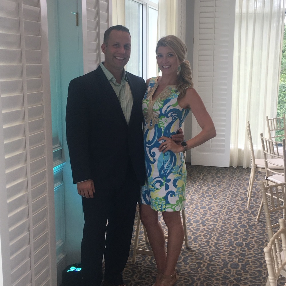 Lilly Pulitzer Blue White Green Printed Midi Dress with Gold Trim - Picture 7 of 10